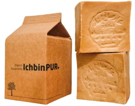 IchbinPUR – Original Aleppo Seife 2x150g (Doppelpack), Olivenölseife für Haar, Gesicht, Körper und Rasur, traditionelles Rezept, Duschseife, Handseife, Naturseife, Savon d‘Alep, Vegan, Plastikfrei
