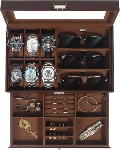 Watch Jewellery Box Organiser, Brown | 6 Watch Slots, 2-Layer Storage, Lockable, For Men & Women, Sunglasses Storage