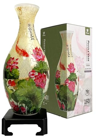 Pintoo 3D Puzzle Vase Unique Flower Vase Made By 160 Curved Plastic Puzzle Pieces House Warming Gift for Flower Arrangements and Home Decoration - [S1024] (Translucent, Carp with Lotus)