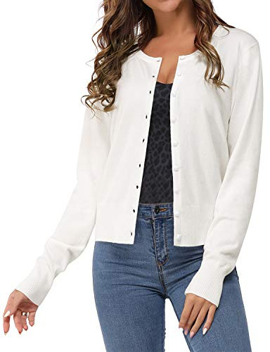 Newshows Women's 2026 Fashion Cardigans Lightweight Button Down Long Sleeve Crew Neck Soft Thin Shrug Cardigan Sweater Basic Trendy(White,X-Large)