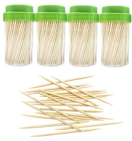 BLUE TOP Bamboo Wood Toothpicks 1000 PCS in 4 Bottles of 250, Round Sturdy Toothpick holder Double-Side Point,Toothpick Dispenser for Teeth,Food Pick Appetizers,Cocktails Fruits,Olive&DIY Craft