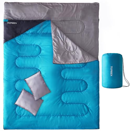 Tuphen Double Sleeping Bag with 2 Pillows, Queen Size XL Bag for 2 People, Cold Warm Weather- 3 Seasons, Waterproof Adults Sleeping Bag for Camping, Backpacking or Hiking