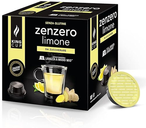 King Cup - 1 Confezione da 10 Capsule di Zenzero e Limone da Zuccherare, 10 Capsule Compatibili con Sistema Lavazza a Modo Mio di Bevanda al Gusto di Limone e Zenzero, Senza Glutine, Senza Lattosio