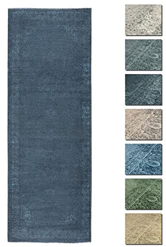TESSO LIVING Kelim Vintage Teppich Wohnzimmer Blau 80 X 195 cm - Moderner Kurzflor Teppich - Super Soft