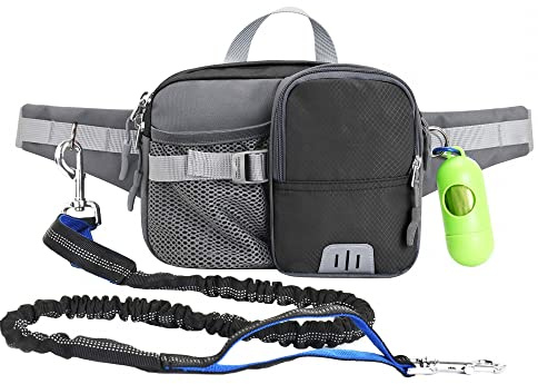 DONGKER Laisse de Jogging pour Chiens,Laisse Mains Libres avec Coutures Réfléchissantes,Ceinture Ventrale et Distributeur de Sacs à Crottes pour Jogging,Vélo,Course,Marche