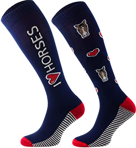 TODO Comodo Reitsocken Bunt mit Motiv STJBW | Baumwolle Reitstrümpfe Reiter Kniestrümpfe für Damen Mädchen Kinder (STJBW 39- I Love Horses, 35-38)