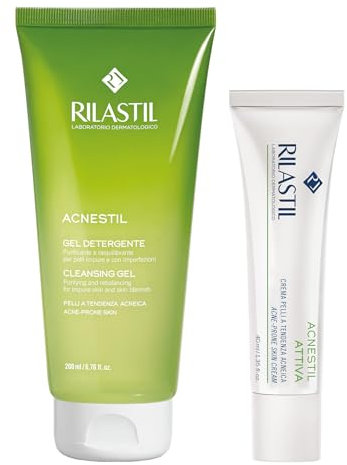 Rilastil- Rutina de Cuidado Facial Antimperfecciones, Crema Acnestil Attiva+ 40 ml, Acnestil Gel Limpiador 200 ml, Limpia en Profundidad y Regula la Piel, Pieles Grasas, Mixtas y con Tendencia Acneica