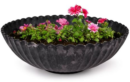 matches21 Pot de fleurs rond pour l'extérieur, 22 cm, noir strié, pour jardin, balcon ou cimetière