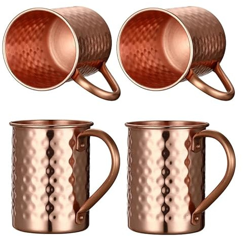 Cocktail Geek Moscow Mule Pure Copper Mugs - Set of 4 - Handmade of 100% Pure Copper -Hammered Finish-Riveted Handle