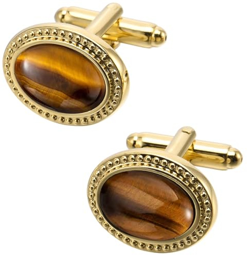 Jonwo Oval Natural Polished Tigers Eye Gemstone Cufflinks for Men Silver/14K Gold Plated Crystal Men's Cufflinks Jewelry for Wedding Anniversary Business Party Tuxedo Dress (Golden)