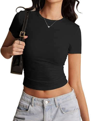 Risipu Women's Short Sleeve T-Shirts Crew Neck Slim Fit Tops Sexy Basic Tee Y2k Clothes 2026 (UK, Alpha, XL, Regular, Regular, Black)