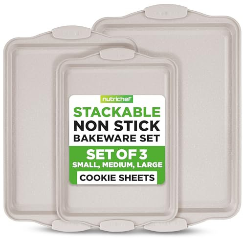 NutriChef Nonstick Cookie Sheet 3-Piece Set, Carbon Steel Baking Trays with Silicone Handles, Non Stick Baking Sheets, Cream Marble