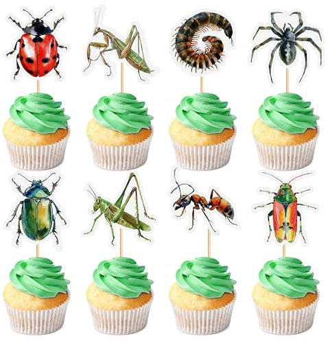 Ercadio 32 Pcs Insect Theme Cupcake Toppers Ladybugs Millipedes Grasshoppers Spiders Ants Cupcake Pick Decorations for Insect Theme Baby Shower Birthday Party Cake Decorations Supplies