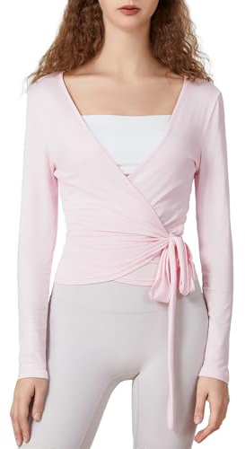 Geagodelia Long Sleeve Wrap Over Tops for Women Front Tie Slim Fitted Deep V-Neck Cross Wrap Around Tops Workout Pilates Ballet Yoga Gym SPORTS TOP (Rose, M)