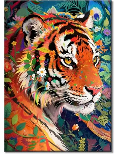 VEYCVLA Diamond Painting Kit Adulte,Diamant Painting Images Ronde Diamond Peinture Diamant Adulte,Tigre Fleurs 5D DIY Cristal Débutant Art Set pour Décoration Murale Maison 30x40cm