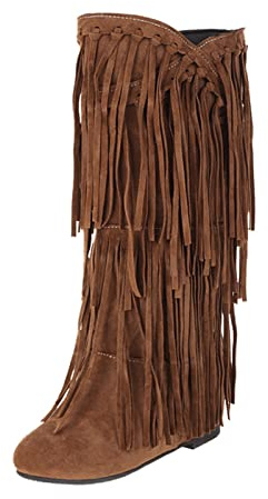 cowboy boots dam med fransar – knähöga stövlar dam med klack – overkneesstövlar lång skaft slip-stövlar mocka vinterstövlar rund tå västerländska stövlar eleganta höga klackar stövlar, GUL, 41 EU