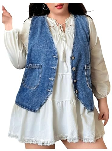 OYOANGLE Women's Plus Size Sleeveless Button Down Jean Jacket V Neck Denim Vest with Dual Pockets Blue XX-Large Plus