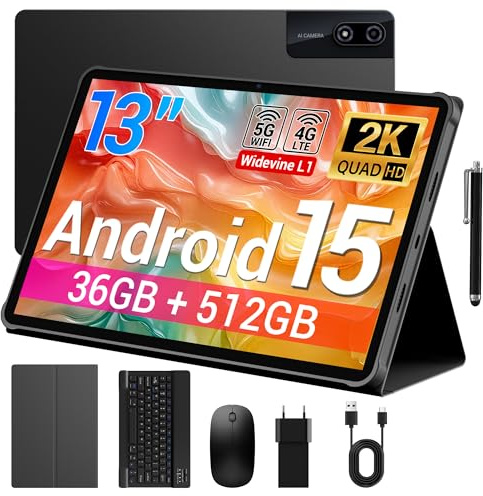 BEYNIVAN Tablette 13 Pouces Android 15 Tablette Tactile avec 4G LTE /5G WiFi,36Go+512Go/11580mAh/20W/2960x1840/Octa-Core/Face ID/TÜV/GMS/BT5.0/GPS/Tablette avec Clavier détachable,Noir