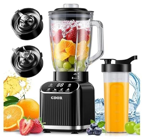 GDOR Professional Smoothie Maker 1200W Standmixer Glas 5 Programme Blender 1,5L Glasbehälter&700ml To-Go Becher Kombi Hochleistungsmixer für Smoothies Shake Eiscrushen Gefrorenes Obst Selbstreinigend