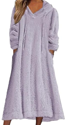Generico Abito Felpato in Pile Donna Vestito Elegante Lungo Felpa con Cappuccio Manica Lunga Tinta Unita Abito Super Spessore Hoodie con Tasche Maglione in Pile Casual, Ampio e Caldo