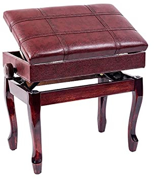 Pianopall i konstläder, artistbänk, 10 cm höjdjusterbar, solokeyboardpallar med vadderad sits och stor förvaringslåda, 55 x 34, 47-57 cm, mahogny, mahogny - en storle,Mahogany-One Size