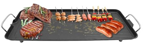 Barbecue elettrico da tavolo, 1500 W, grande superficie di cottura 68 x 28 cm, rivestimento antiaderente, 5 livelli di temperatura (32 – 482 °F), piastra inclinabile (15°) per scarico del grasso