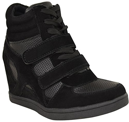 Womens Ladies Hi Top Wedge Trainers Sneakers Pumps Sport Ankle Boots New Size Black Faux Suede