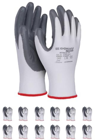 DONAU SAFETY Guanti da lavoro, guanti da montaggio, da uomo/taglia 09, 12 paia/cat. II/bianco-grigio/guanti con rivestimento in nitrile per lavori di montaggio, meccanici, giardinaggio e lavori di