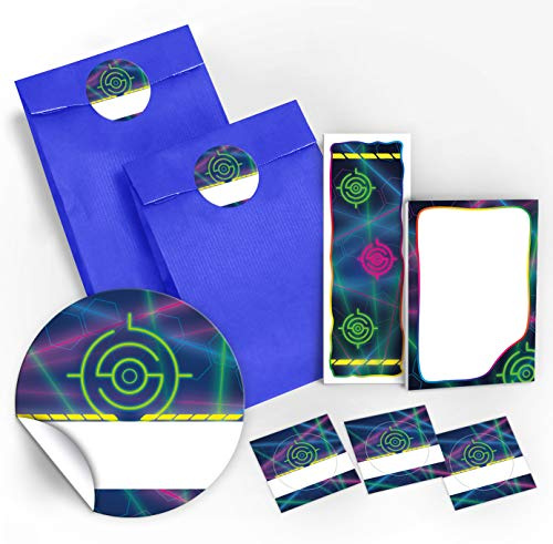 12 Geschenktüten/dunkelblau + 12 Aufkleber + 12 Lesezeichen + 12 Notizblöcke LASERTAG Mitgebsel Gastgeschenk Kindergeburtstag Mädchen Jungen Erwachsene