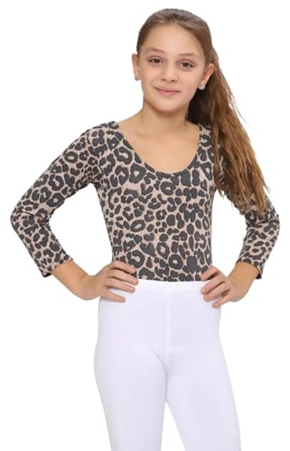 WickedFun CRAZY CHICK® GIRLS KIDS NEW LEOPARD ARMY PRINT LONG SLEEVE STRETCH MICROFIBER DANCE GYMNASTIC LEOTARD BODYSUIT TOP (Brown Leopard, 9-10 Years)