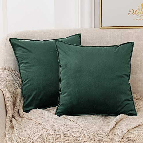 Deconovo Set of 2 Home Decoration Crushed Velvet Cushion Covers 55cm x 55cm 22x22 Inches Flanges Throw Pillow Cases Cushion Covers for Garden Chairs Forest Green