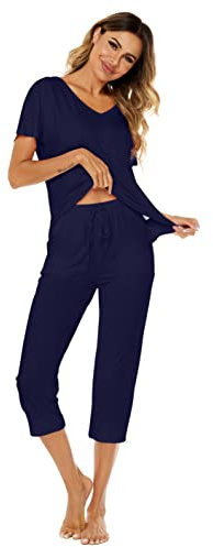 Ietaoo Survêtements Coton Femme Ensemble de Pyjama 2 Pièce Sportswear Jogging Été Col en V Haut et 3/4 Pantalon Sweat Suit Tenue Sport Ensemble Vêtements de Nuit