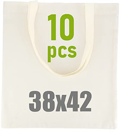 LEVIATAN 10 Stück | Schwere Baumwolltasche Jutebeutel mit Zwei Langen Henkeln 38x42cm 140g/m2 Einkaufstasche | Tragetasche | stylische verstärkte Griffe | Öko-Tex 100 Standard Zertifiziert