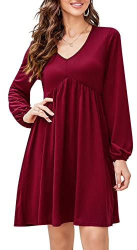KOJOOIN Damen Tunika Kleid Langarm V-Ausschnitt Swing Kleid Knielang Hohe Taille Midikleid A-Linie Laternenärmel Elegante Freizeitkleid(Verpackung MEHRWEG), A-Weinrot, L
