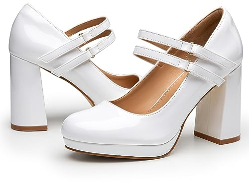 Trary White Heels for Women, Mary Jane Shoes Platform Chunky Block High Heels with Buckle Strap Comfortable Dress Pumps for Office Party Casual Round Toe Pumps Shoes, Size 6