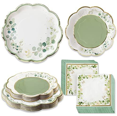 Kate Aspen Sage Green Party Decorations, Eucalyptus Floral Botanical Garden 62 Piece Plates and Napkins Party Supplies (16 Guests) Greenery Baby Shower Decorations & Bridal Shower Decor
