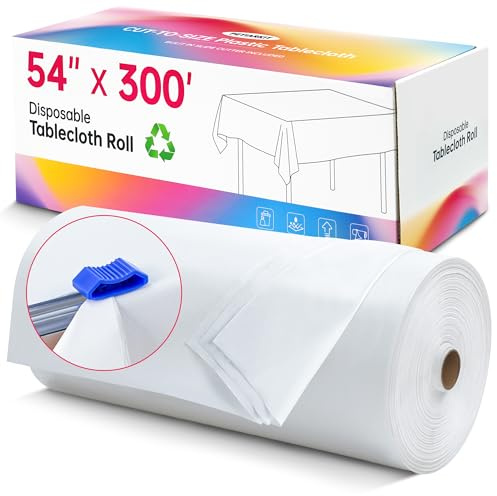Plastic Table Cloth Disposable, 54In X 300Feet White Table Cover Roll, Disposable Tablecloth with Slide Cutter for Rectangle Round Tables, Party Tablecloths for Birthday, Wedding, Picnic, Outdoor
