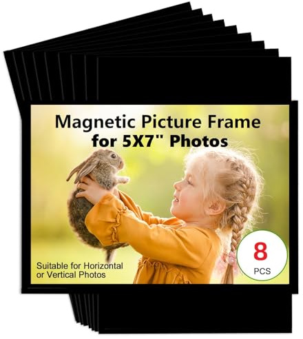 CHUNNIAO Black Magnetic Picture Frame 5X7 for Refrigerator-8 Pack,Black Photo Magnets Sleeves with Film Cover,Less Reflection