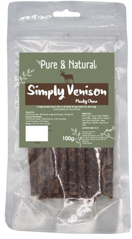 Pure & Natural Deer Meaty Sticks - 100% Natural Dog Treats, Venison Chews for Hypoallergenic, Grain-Free Snack for Medium Dogs - 100g Bag