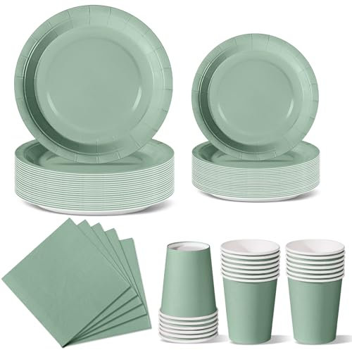 Nkaiso Anniversaire Vaisselle de fete 96 Pièces Vert Gazon Party Assiettes en Papier Set Assiettes de Fête Jetables Papier Tasses Serviettesr, pour Barbecue les Fêtes les Pique-niques -24 Invités