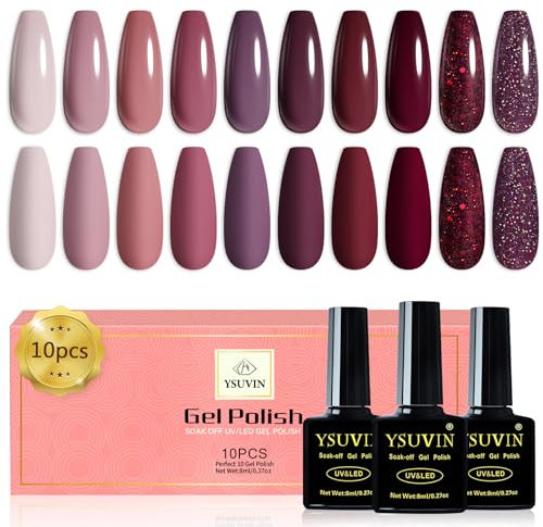 Yueshop Gel Nail Polish Set - 10PCS Nude Pink, Beige, Glitter, Red Burgundy, Sparkly Purple, Light Purple Series, Soak Off UV Gel Nail Varnish Art Manicure for Women DIY (8ml)