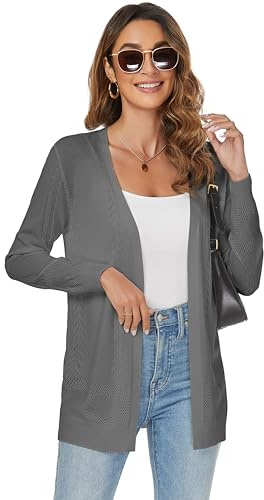 Famrrifuu Gilet Femme Cardigan Long été Coton Manches Longues Veste Tricot Léger Ouverte Devant Elegant Gilets