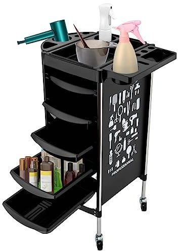 NadineDutol Carrello da parrucchiere con 5 cassetti e ruote, carrello da lavoro, carrello trolley da parrucchiere (nero)