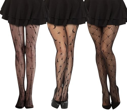 Yuqilin 3 Pièces Collant Femme,Sexy Collant Resille Noir Deguisement Femme Sexy Collant Fantaisie Motifs Bas Résille, pour Accessoire Costume Fantaisie Crâne Carnaval Fête (Style B)