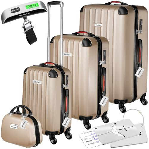 tectake® Set de Valises de Voyage, Coque Rigide en ABS, 3 Tailles M-L-XL + Vanity Case, roulettes Pivotantes à 360°, Serrure TSA, Poignée télescopique, Pèse-Bagage et étiquettes Inclus - Champagne