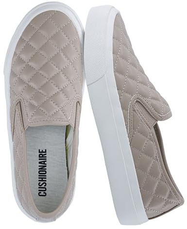 CUSHIONAIRE Faze Women’s Quilted Slip-On Sneaker – Faux Leather Casual Shoe with Memory Foam Insole & Rubber Outsole, NATURAL 10