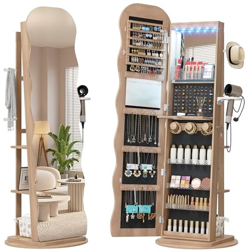 LVSOMT LED Espejo joyero de pie Ondulado, Giratorio 360° Armario Joyero con Espejo, Espejos Armario con Cerradura, para Salón, Dormitorio, Estantería de 3 niveles y 3 Varilla de ropa, Madera Natural
