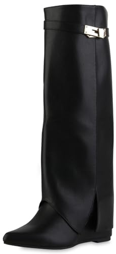 VAN HILL Damen Keilstiefel Keilabsatz Schnallen Trendy Schuhe 217545 Schwarz 38