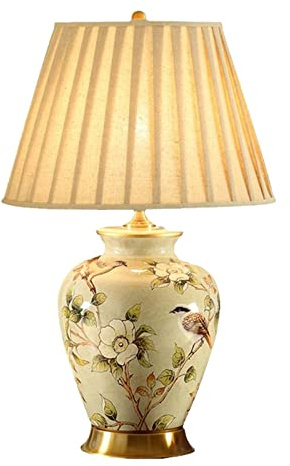 PURESILKS Hand-Painted Ceramic Table Lamp Chinoiserie Floral Design Fabric Shade Bedside Lighting for Bedroom Living Room Office Study E26 Base
