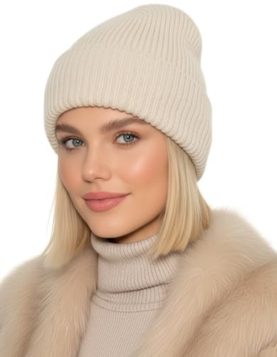 Baesics Wintermütze Damen Creme - Beanie aus weichem Rippstrick mit Angora-Faser | Strickmütze in 12 Farben für Herbst und Winter | One Size, elastisch und modisch